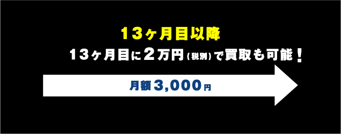 13ヶ月目以降　13ヶ月目に2万円(税別)で買取も可能！　月額3,000円