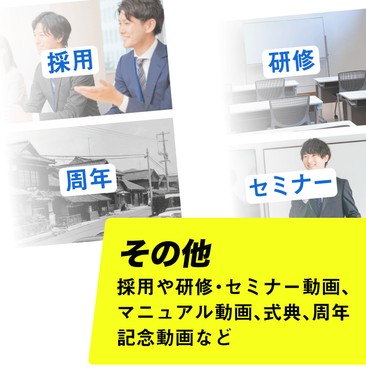 採用や研修・セミナー動画、マニュアル動画、式典、周年記念動画など